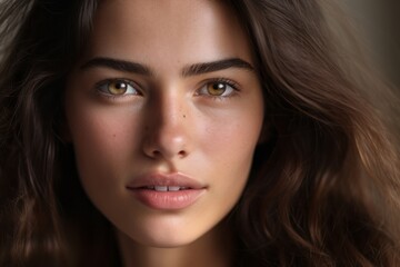 Obraz premium a macro close-up portrait of a face of a young white caucasian woman with perfect skin and intense gaze. Skin beauty and hormonal female health concept.