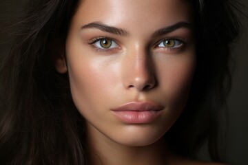 a macro close-up portrait of a face of a young white caucasian woman with perfect skin and intense gaze. Skin beauty and hormonal female health concept.