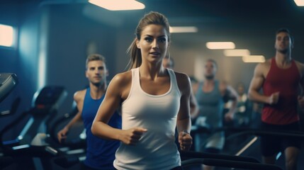 Beautiful woman working out on a treadmill at the gym. Fictional characters created by Generated AI. - obrazy, fototapety, plakaty
