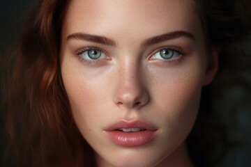 Obraz premium a macro close-up portrait of a face of a young white caucasian woman with perfect skin and intense gaze. Skin beauty and hormonal female health concept.