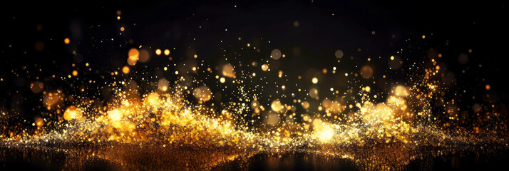 Abstract gold shiny Christmas banner background with glitter and confetti. Holiday bright blurred backdrop with golden particles and bokeh.