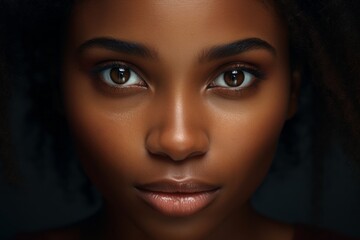 Fototapeta premium a macro close-up portrait of a face of a young black african woman with perfect skin and intense gaze. Skin beauty and hormonal female health concept.