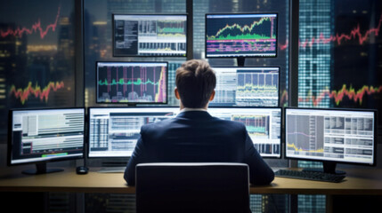 Analyst working with Analytics Data dashboard Management System computer to make report KPI Business metrics connected to database, Corporate strategy finance, operations, marketing, blurred image