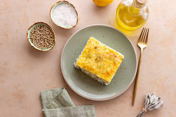 Lasagna with cheese and spinach. Italian food. Vegetarian food.