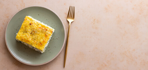 Lasagna with cheese and spinach. Italian food. Vegetarian food.