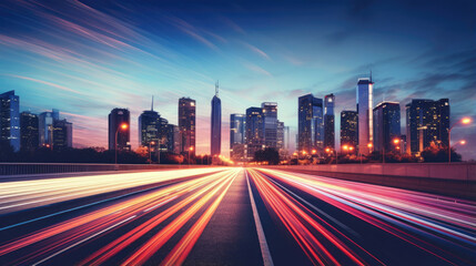 Fototapeta premium A long exposure shot of a cityscape at dusk, car lights and city life in motion