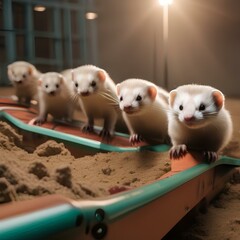 A group of ferrets racing in a high-tech obstacle course with automated timers and sensors2