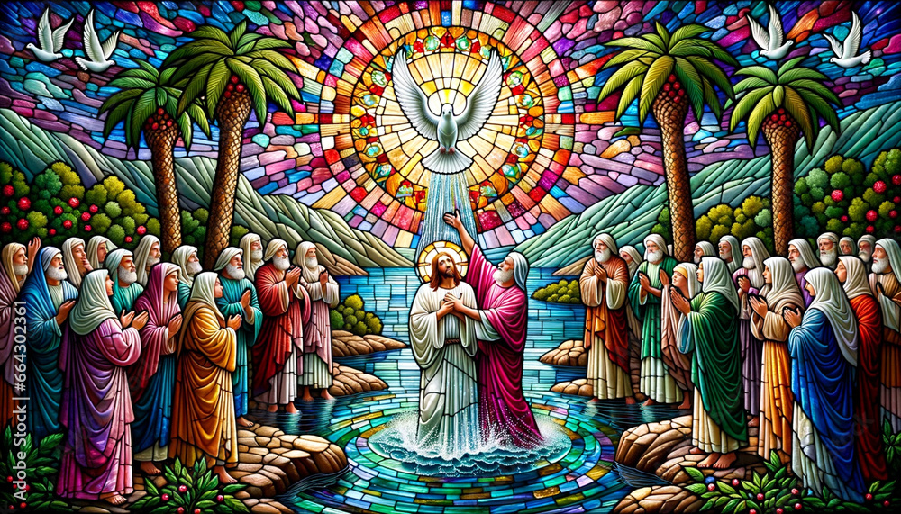 Wall mural stained glass serenity: christ's baptismal scene in the river jordan