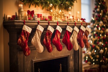 Stockings hung on mantel by family for Christmas. Generative AI - obrazy, fototapety, plakaty
