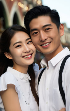 A happy vogue fashion couple taking selfies with bright solid light color clothes in summer