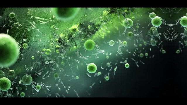Green cell background. biology, medicine scientific, molecular research 3d rendering of viruses. bioengineering and biochemistry