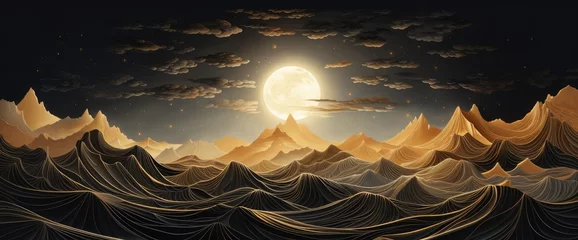 Papier Peint photo Noir Mountain landscape in black and gold in line art style.