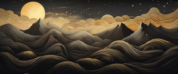 Mountain landscape in black and gold in line art style.