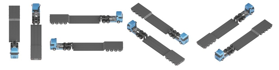 Lowboy trailer truck on white background. 3d illustration. Orthographic view. The camera is positioned at 45 degrees to the horizon.