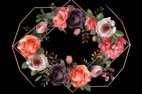 Exquisite hexagonal rose wreath frame on transparent background. Generative AI