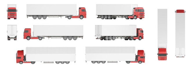 Mock-up of a truck with a semi-trailer on a white background for vehicle branding, corporate identity. The camera is positioned at an angle of 45 degrees to the horizon and at the horizon level. 3d  - obrazy, fototapety, plakaty