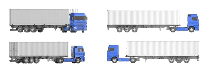 A blue truck with a trailer on which a sea container is located. 3d illustration. Orthographic view. Isolated on a white background.