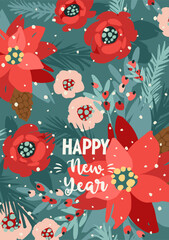 Christmas and Happy New Year card with Christmas tree and flowers. Trendy retro style. Vector design