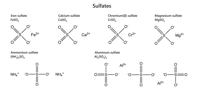 Examples of sulfates: Iron sulfate, Calcium sulfate, Chromium sulfate, Magnesium sulfate, Ammonium sulfate, Aluminum sulfate. 3d illustration.