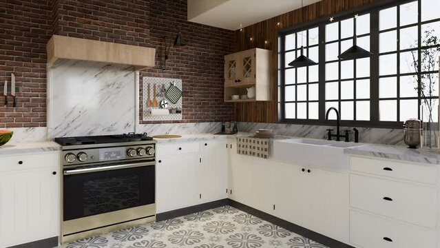 White kitchen with dark red brick, wood, large window and kitchen utensils. 