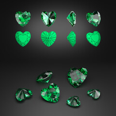Demonstration of an emerald in the heart-cut from different angles. Scheme of cutting. Scattering of gemstones. Black background. 3d rendering.