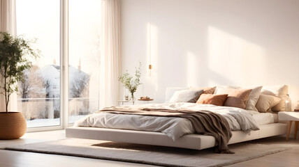 Scandinavian bedroom interior with comfortable bed, carpet, plants, white wall and light pours from the big window. Minimalist home style with copy space