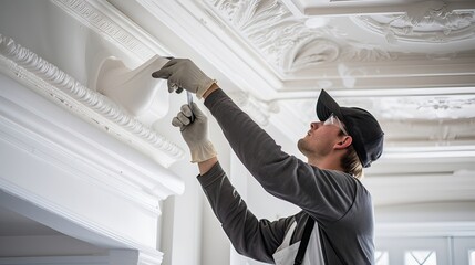 Plasterer diligently repairs and restores ornate ceiling moldings, ensuring their timeless grandeur. Skilled artistry, ornate splendor, architectural renewal. Crafted with skill. Generated by AI.
