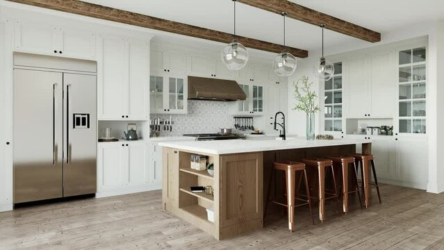 Traditional large L-shaped kitchen with large island and kitchen appliances. 