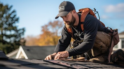 A dedicated roofer at work, ensuring the replacement of shingles on a house's roof. Roof renovation, home maintenance, roofing skill, shingle upgrade, roof revitalization. Generated by AI. - obrazy, fototapety, plakaty