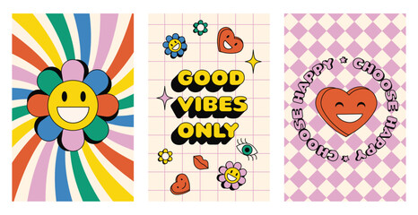 Groovy hippie 70s posters set. Good vibes only. Choose happy. Funny cartoon flower, love, daisy, lips, heart, star. Collection of Vector cards in trendy retro psychedelic cartoon style. 