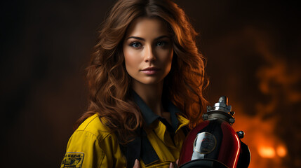 Obraz premium Model in Firefighter Uniform with Fire Extinguisher