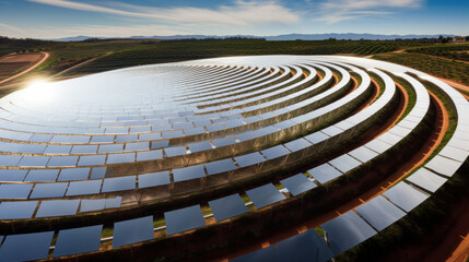 Modern solar power station with tower, aerial view.