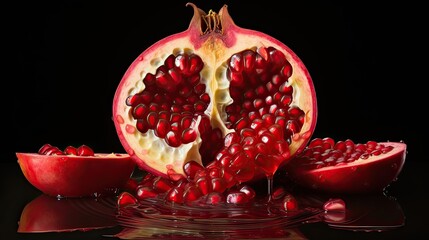 Pomegranate split open to unveil its radiant ruby-red seeds. Exquisite, nature's jewel, bursting with flavor, antioxidant-packed, juicy splendor, tempting and delightful. Generated by AI.