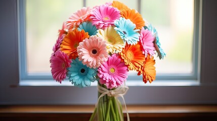 Cheerful, vibrant, flower arrangement, gerbera daisies, joyful, multihued, floral spectacle, springtime joy. Generated by AI.