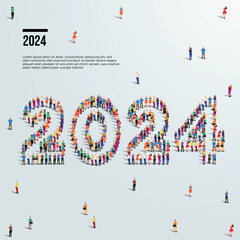 2024 happy new year greeting. Large group of people form to create year 2024.