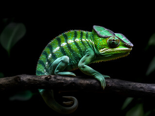 Fototapeta premium Vivid Close-up of Green Chameleon on Wooden Branch with Dark Background Highlighting Iridescent Scales and Vibrant Eye Details
