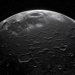 Majestic High-Resolution Close-Up of the Moon's Surface with Visible Craters, Shadows, and Illuminated Horizon against a Starry Night Sky