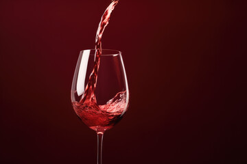 red wine pouring into glass on red background - obrazy, fototapety, plakaty