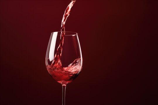 red wine pouring into glass on red background