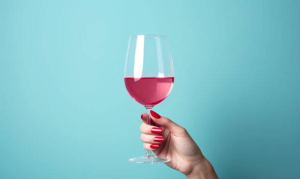 feamale hand hold glass of rose pink wine