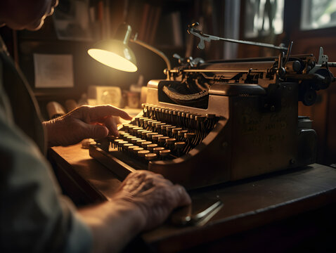 Elderly Writer's Hands on Vintage Typewriter in Dimly Lit Study Room with Antique Decor