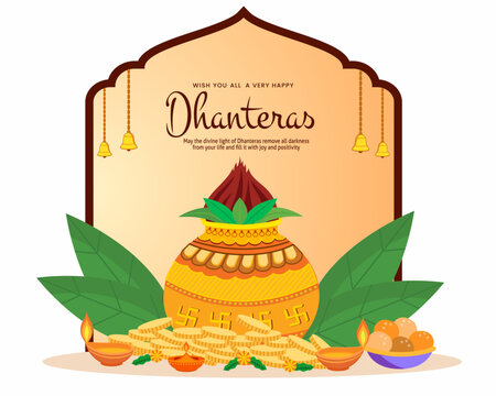 Gold coin and pooja kalash for Dhantera celebration on Happy Diwali light festival of India