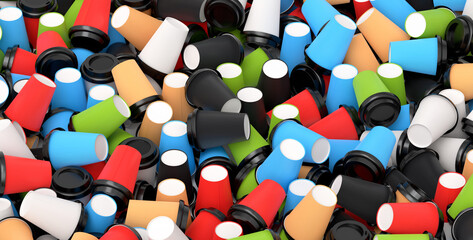 Pile of paper coffee cups for cappuccino, americano, espresso on orange