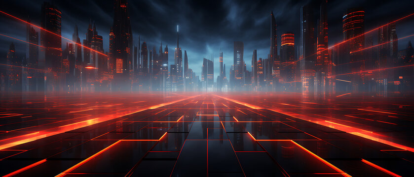High-Tech Panoramic Background with Red Laser Grids