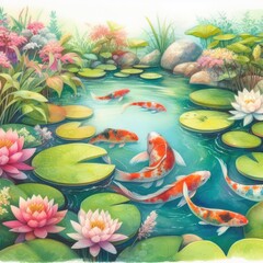 Fototapeta na wymiar Watercolor serene koi fish pond with lily pads
