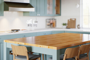 Kitchen with green cabinets, large window in the background and accent countertop to advertise the product. 
