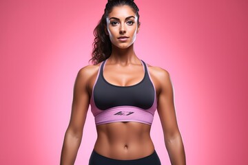 Obraz premium a strong sporty muscular female athlete bodybuilder or fighter in sports top posing in a studio, pink background