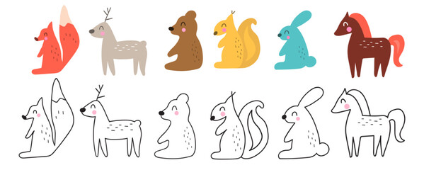 Collection of woodland animals. Hand drawn vector illustrations. Flat and outline design. Children art. Best for nursery, childish textile, apparel.