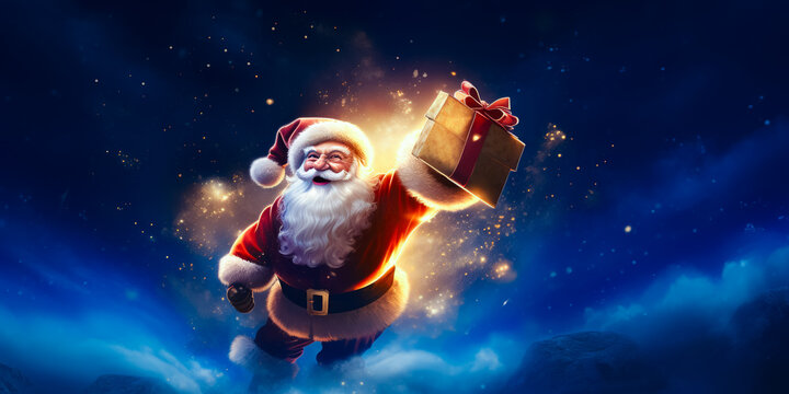 illustration of Santa Clause who flying in clouds with present. Christmas fairytale. Christmas time © zamuruev