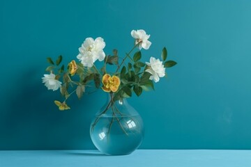 Floral arrangement on blue background. Spring minimal concept. Generative AI